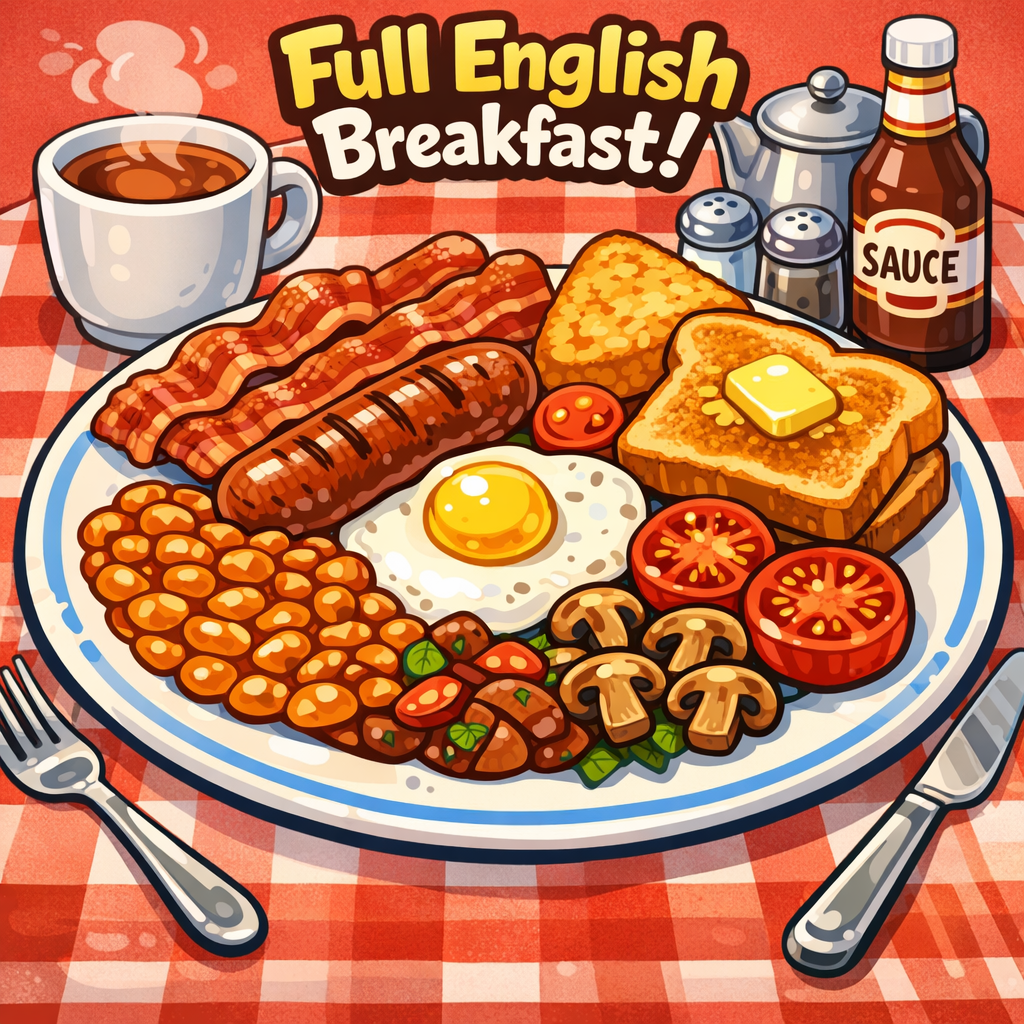A cartoon of a full English breakfast